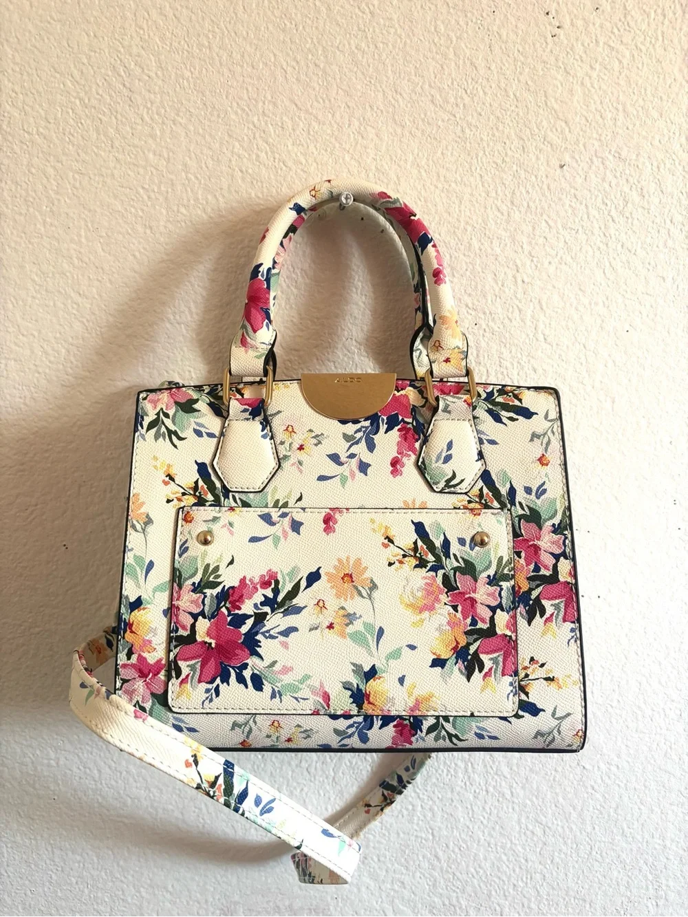 Aldo Cream Floral Satchel with Pink and Yellow Accents